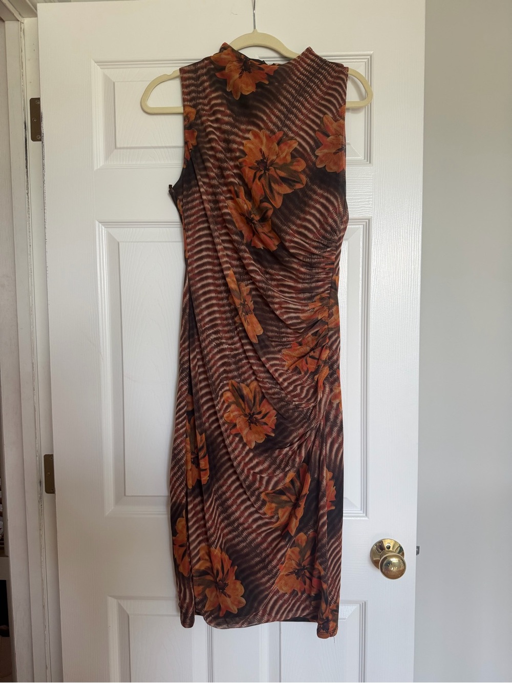 Floral Mesh Ruched Mock Neck Midi Dress Brown Orange